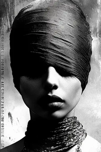 Midjourney generated image using SREF code Coalpaper: A black and white photo of a woman with a turban on her head.