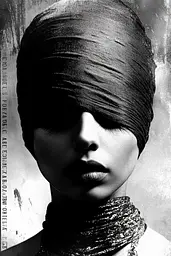 Midjourney generated image using SREF code Coalpaper: A black and white photo of a woman with a turban on her head.
