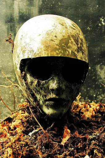 Midjourney generated image using SREF code Coalpaper: A mannequin wearing a helmet in the woods.