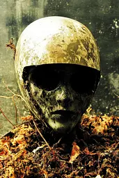 Midjourney generated image using SREF code Coalpaper: A mannequin wearing a helmet in the woods.