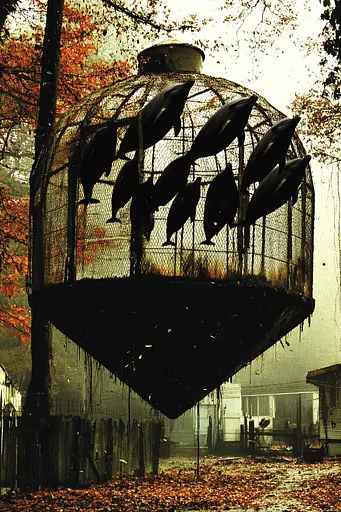 Midjourney generated image using SREF code Coalpaper: A group of dolphins in a cage hanging from a tree.