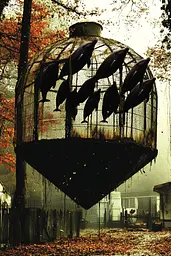 Midjourney generated image using SREF code Coalpaper: A group of dolphins in a cage hanging from a tree.