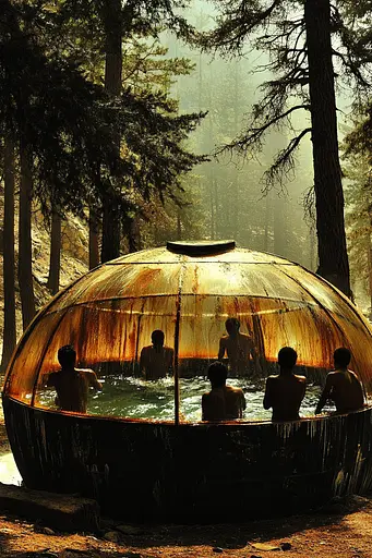 Midjourney generated image using SREF code Coalpaper: A group of people sitting in a hot tub in the woods.