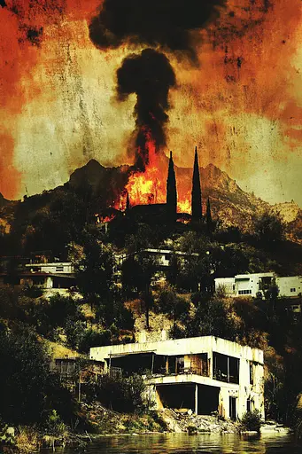 Midjourney generated image using SREF code Coalpaper: A picture of a house on fire in the middle of a lake.