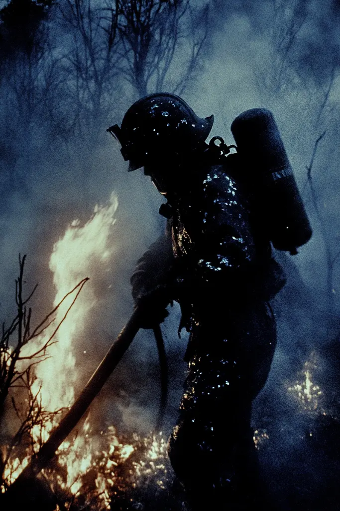 Midjourney generated image using SREF code Nocturnal Echo: A firefighter with a hose in front of a fire.