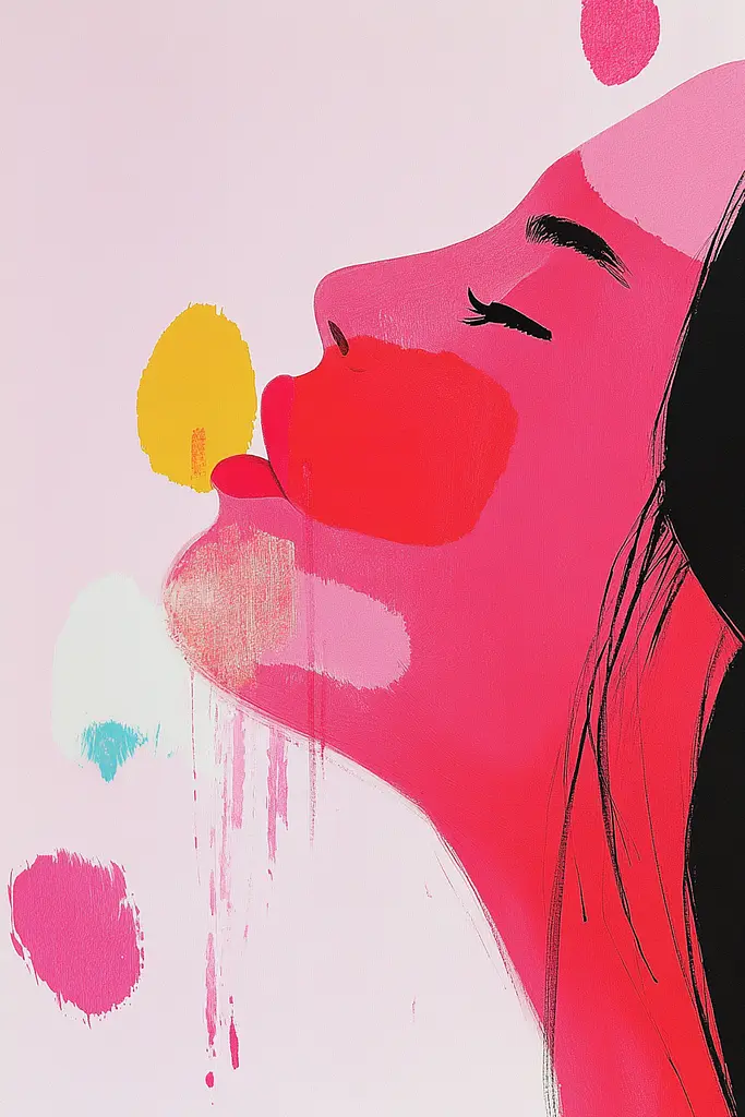 Midjourney generated image using SREF code MatteCandy: A woman blowing a bubble gum in front of a pink background.