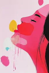 Midjourney generated image using SREF code MatteCandy: A woman blowing a bubble gum in front of a pink background.