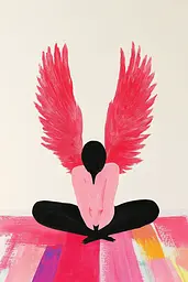 Midjourney generated image using SREF code MatteCandy: A painting of a person sitting in a lotus position with red wings.