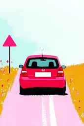 Midjourney generated image using SREF code MatteCandy: A pink car driving down a road next to a pink arrow.