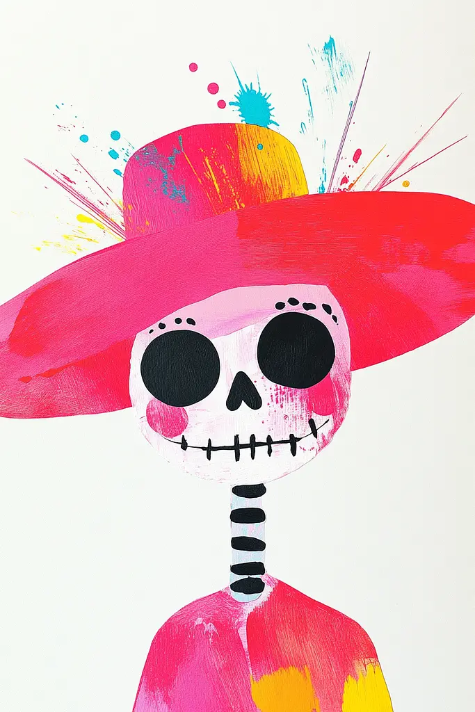 Midjourney generated image using SREF code MatteCandy: A drawing of a skeleton wearing a pink hat.