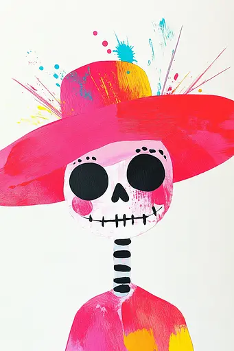Midjourney generated image using SREF code MatteCandy: A drawing of a skeleton wearing a pink hat.