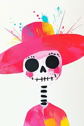 Midjourney generated image using SREF code MatteCandy: A drawing of a skeleton wearing a pink hat.