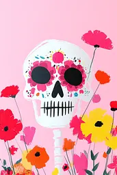 Midjourney generated image using SREF code MatteCandy: A painting of a skull surrounded by flowers.