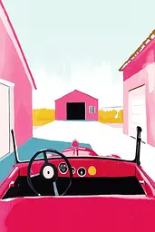 Midjourney generated image using SREF code MatteCandy: A pink car is parked in front of a pink building.