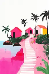 Midjourney generated image using SREF code MatteCandy: A painting of a path leading to a beach with palm trees.