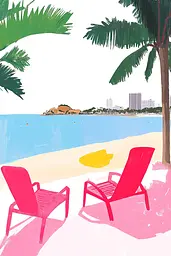 Midjourney generated image using SREF code MatteCandy: Two pink chairs sitting on a beach next to a palm tree.