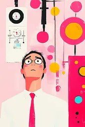 Midjourney generated image using SREF code MatteCandy: A man in a white shirt and red tie standing in front of a pink wall.