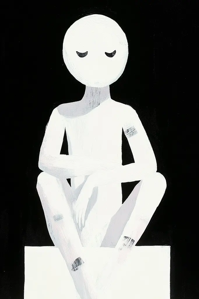 Midjourney generated image using SREF code MatteCandy: A painting of a person sitting on top of a box.