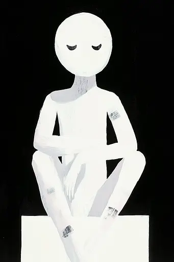 Midjourney generated image using SREF code MatteCandy: A painting of a person sitting on top of a box.