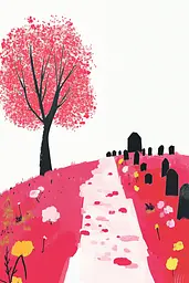 Midjourney generated image using SREF code MatteCandy: A drawing of a path leading to a tree in a cemetery.
