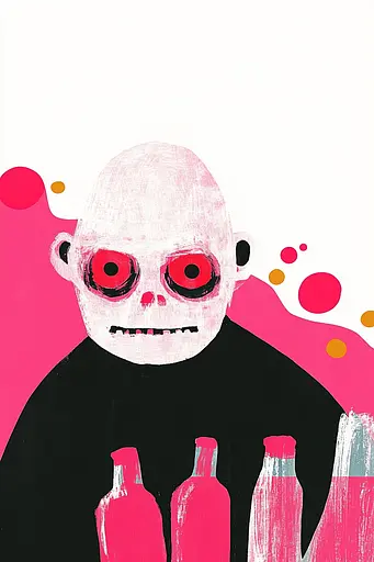 Midjourney generated image using SREF code MatteCandy: A drawing of a skeleton holding three bottles of soda.
