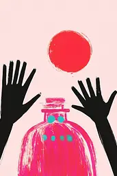 Midjourney generated image using SREF code MatteCandy: A pink bottle with two hands reaching up to a red ball.