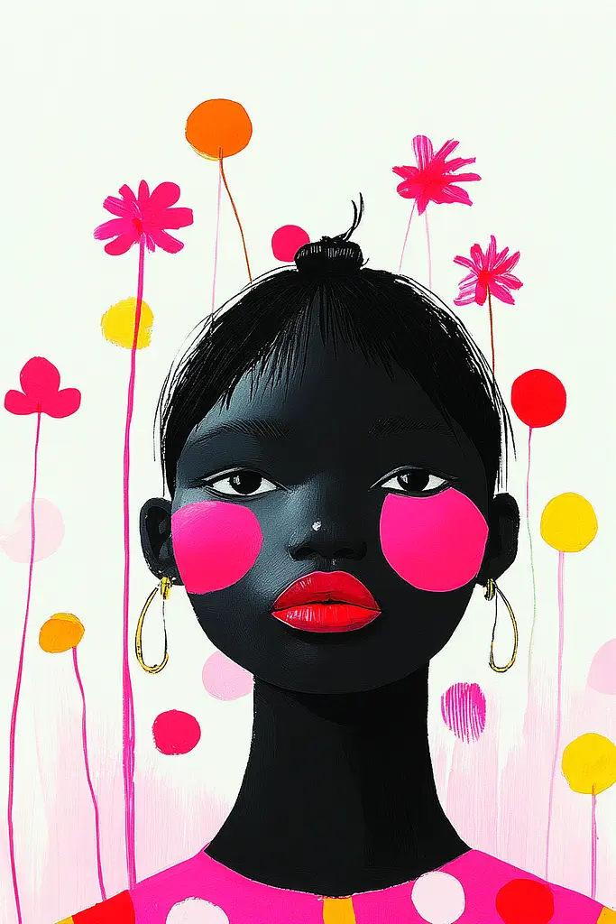 Midjourney generated image using SREF code MatteCandy: A painting of a woman with pink and yellow polka dots on her face.