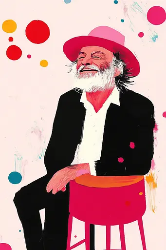 Midjourney generated image using SREF code MatteCandy: A painting of a man sitting on a red stool.