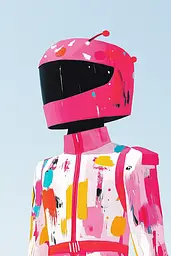 Midjourney generated image using SREF code MatteCandy: A pink and white robot with a black helmet.
