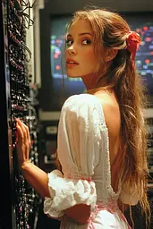Midjourney generated image using SREF code Obscuralume: A woman in a white dress standing in front of a computer.