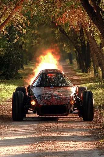 Midjourney generated image using SREF code Obscuralume: A car with flames coming out of it driving down a dirt road.