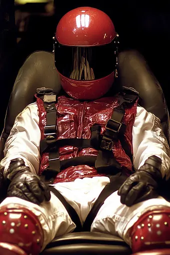 Midjourney generated image using SREF code Obscuralume: A man in a red helmet sitting in a chair.