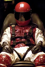 Midjourney generated image using SREF code Obscuralume: A man in a red helmet sitting in a chair.