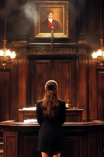Midjourney generated image using SREF code Obscuralume: A woman standing in front of a painting in a courtroom.
