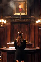 Midjourney generated image using SREF code Obscuralume: A woman standing in front of a painting in a courtroom.