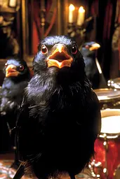 Midjourney generated image using SREF code Obscuralume: A group of black birds sitting on top of a table.