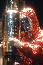 Midjourney generated image using SREF code Obscuralume: A man in a red suit holding a large metal object.