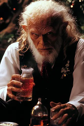 Midjourney generated image using SREF code Obscuralume: A man with a long white beard holding a glass of whiskey.