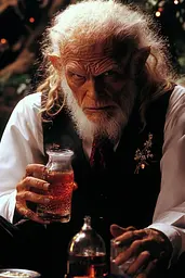 Midjourney generated image using SREF code Obscuralume: A man with a long white beard holding a glass of whiskey.