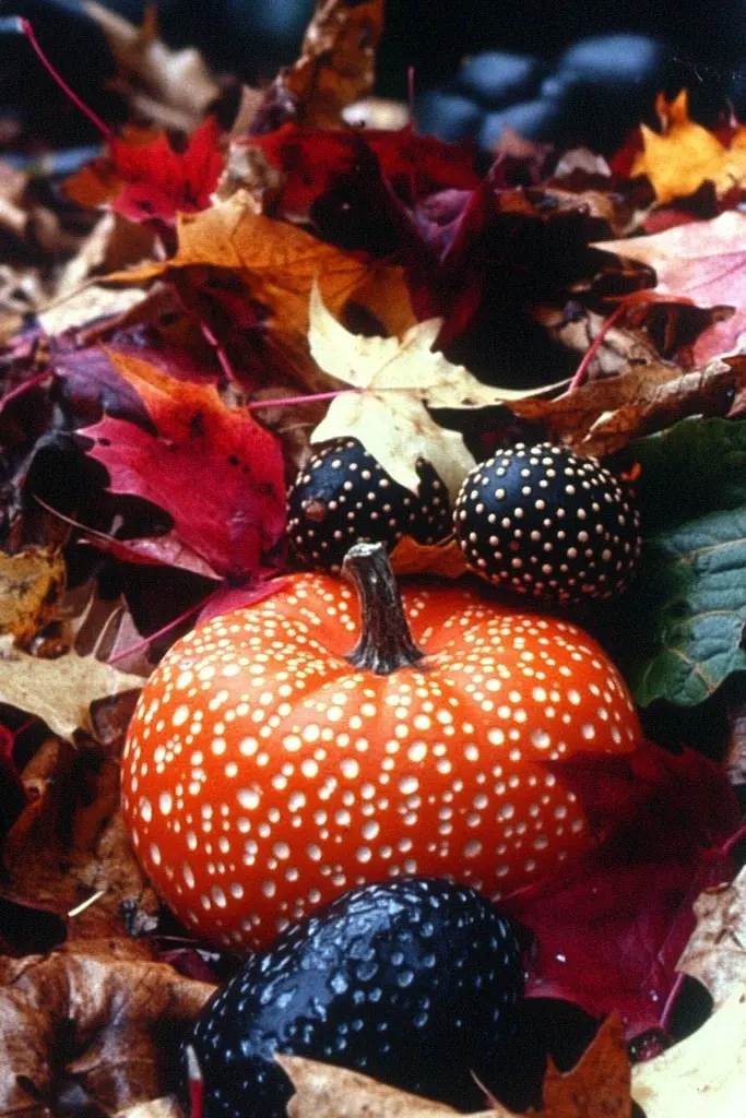 Midjourney generated image using SREF code Obscuralume: A couple of pumpkins sitting on top of a pile of leaves.