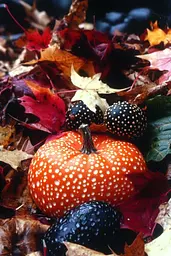 Midjourney generated image using SREF code Obscuralume: A couple of pumpkins sitting on top of a pile of leaves.