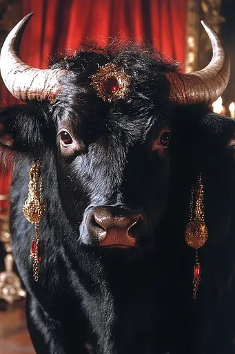 Midjourney generated image using SREF code Obscuralume: A black bull with horns and a red curtain in the background.