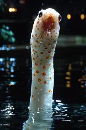 Midjourney generated image using SREF code Obscuralume: A close up of a white and orange sea slug in the water.