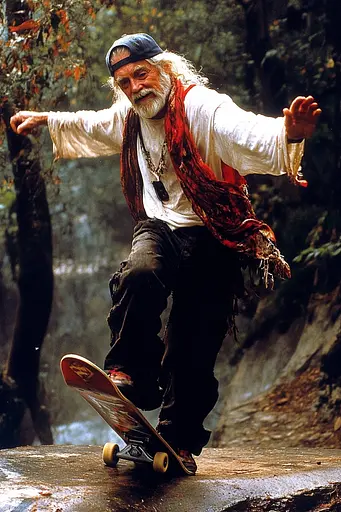 Midjourney generated image using SREF code Obscuralume: A man riding a skateboard on top of a rock.