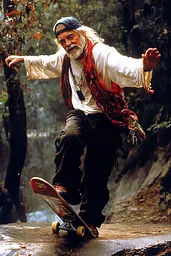 Midjourney generated image using SREF code Obscuralume: A man riding a skateboard on top of a rock.