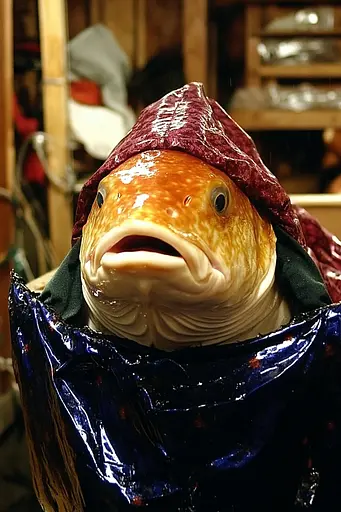 Midjourney generated image using SREF code Obscuralume: A fish with a red hat on its head in a blue bag.