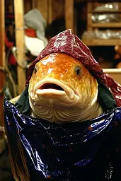 Midjourney generated image using SREF code Obscuralume: A fish with a red hat on its head in a blue bag.