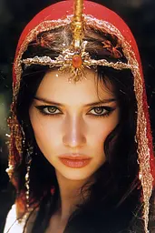 Midjourney generated image using SREF code Obscuralume: A woman wearing a red headdress with a gold crown.