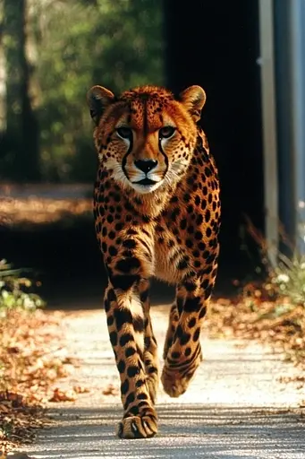 Midjourney generated image using SREF code Obscuralume: A cheetah walking down a road in the woods.