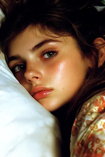 Midjourney generated image using SREF code Obscuralume: A young woman laying in bed with her eyes closed.